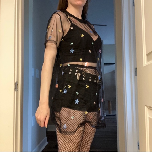 NEW BEAUTIFUL RARE CELESTIAL STAR EMBROIDERY BLACK MESH DRESS - Picture 10 of 15